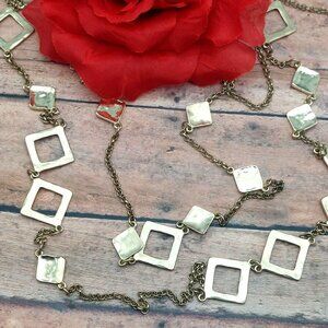 Chicos Gold Tone Rolo Chain Double Necklace  Brushed Shinny Geometric Stations